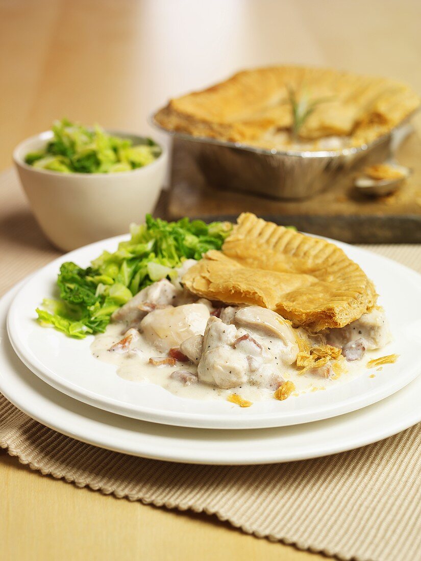 Chicken and pancetta pie with salad