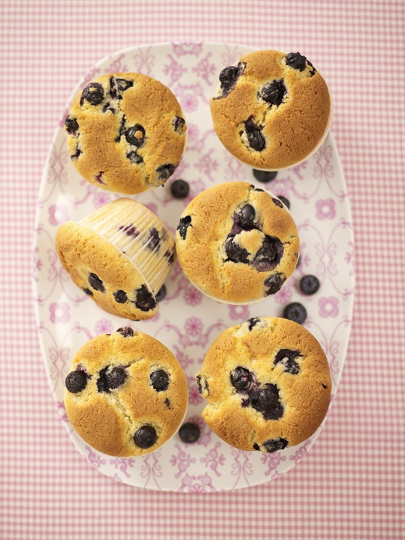 Six blueberry muffins (overhead view)
