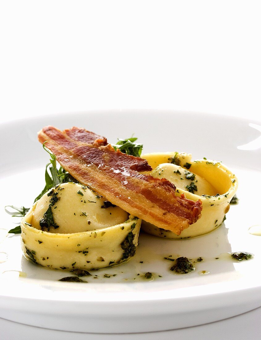 Scallop tortellini with fried rasher of bacon