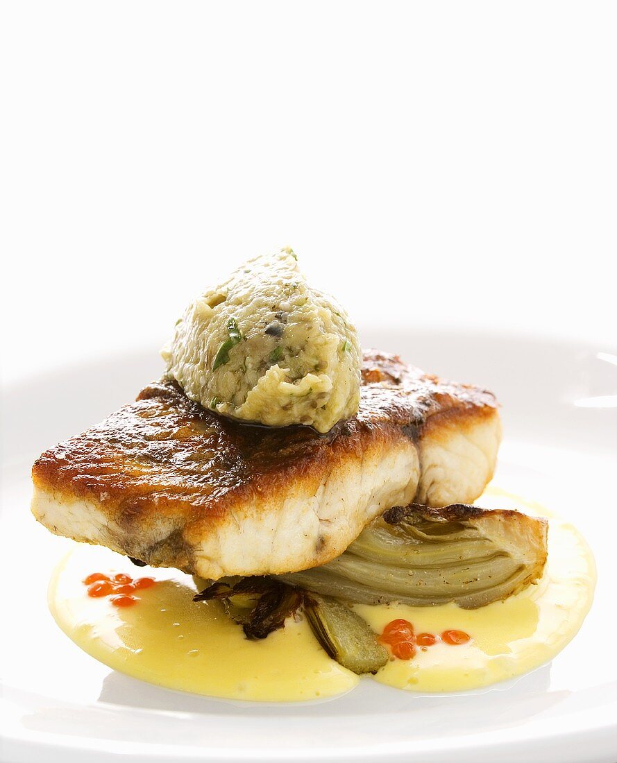 Barramundi with fennel and aubergine mousse