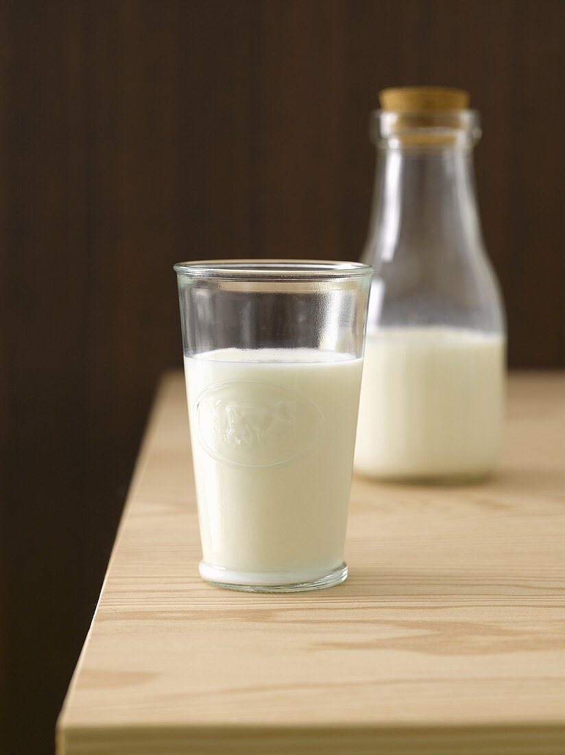 Ein Glas Milch und eine Milchflasche