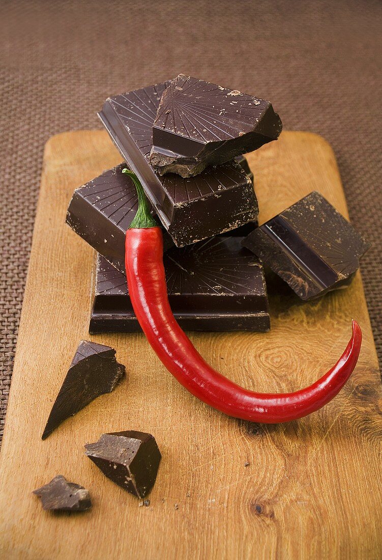 Pieces of chocolate with chilli