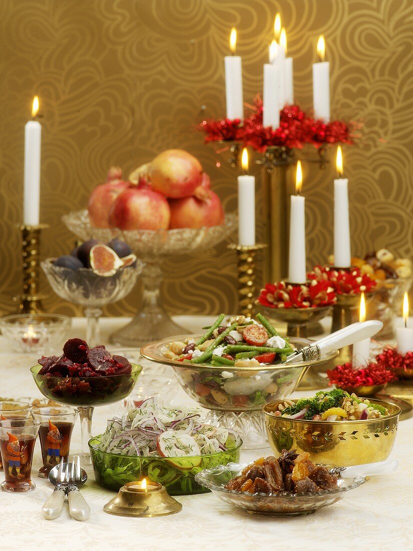 Salads and accompaniments on Christmas table