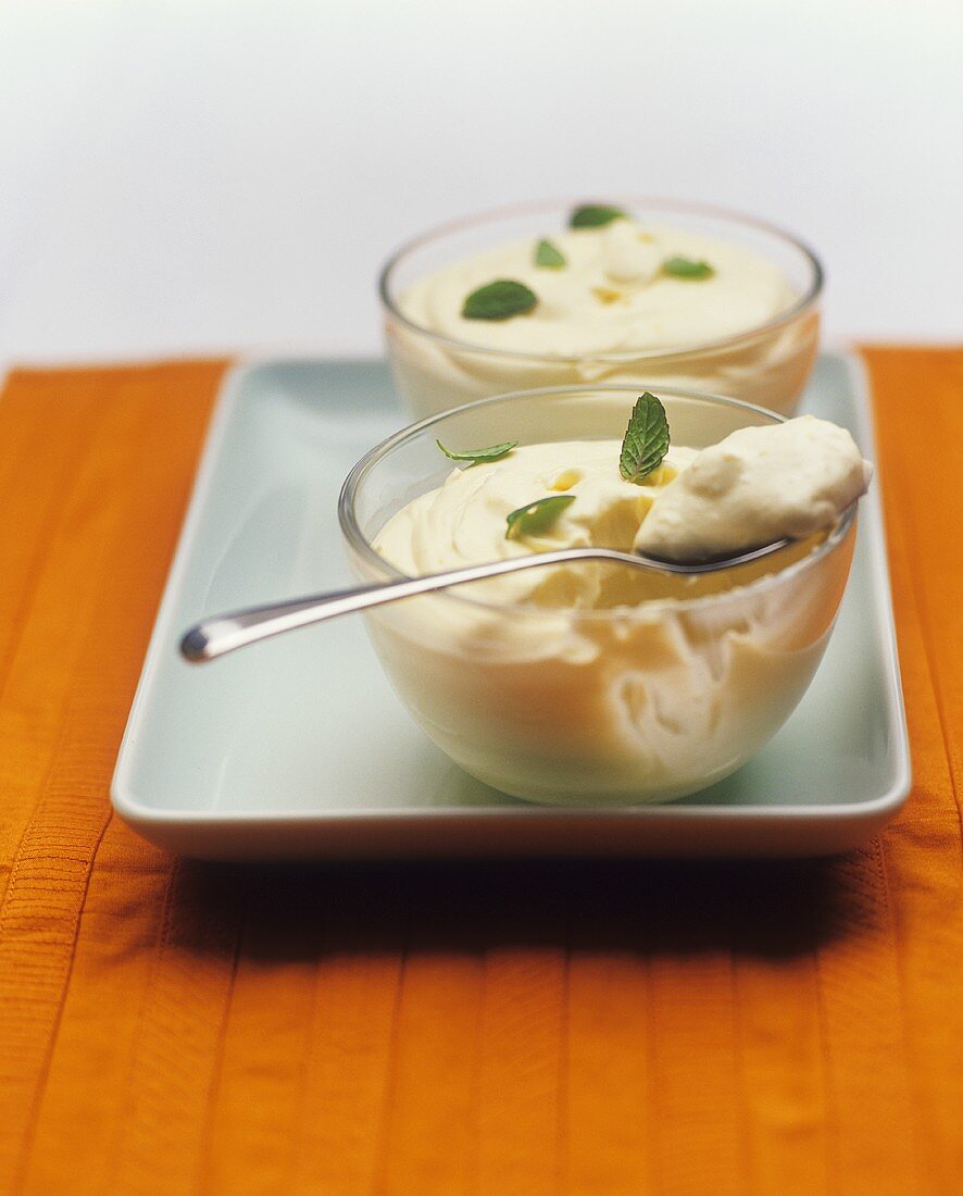 Fruit yoghurt with mint leaves