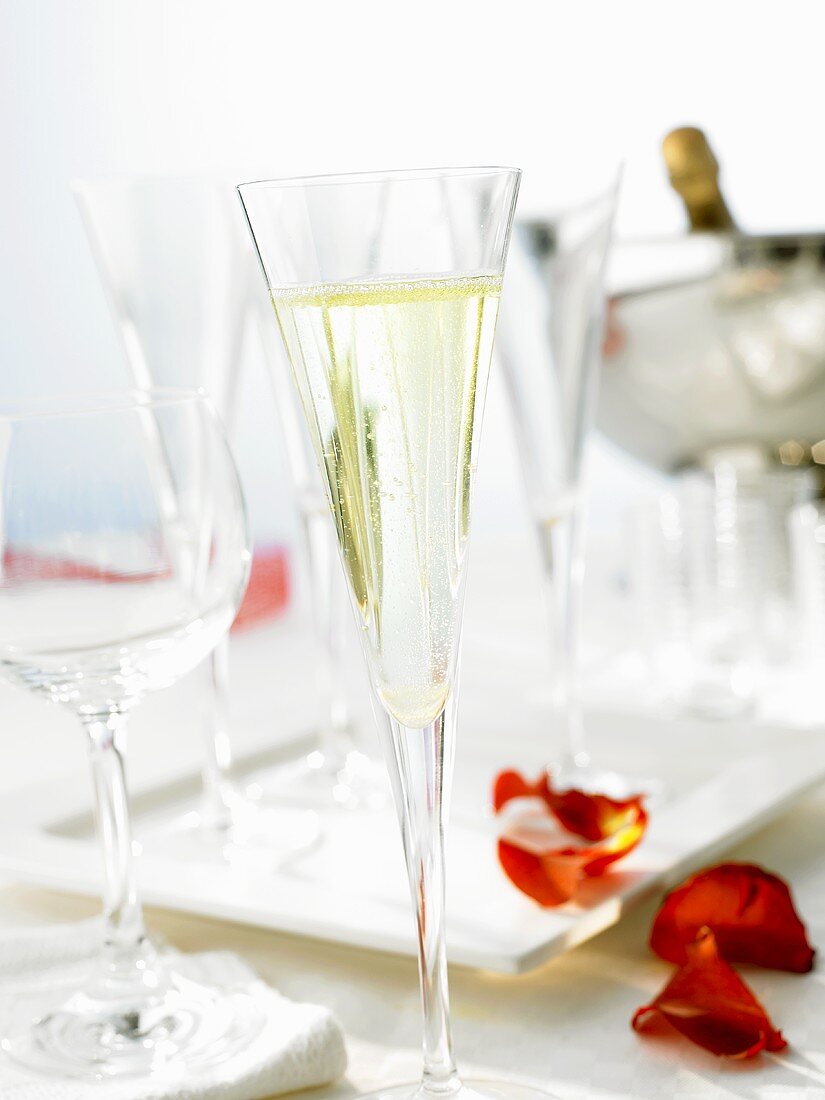 Ein Glas Champagner und Rosenblätter