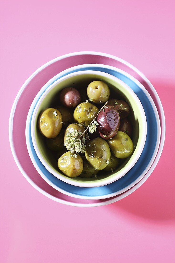 Pickled Greek olives in a small bowl