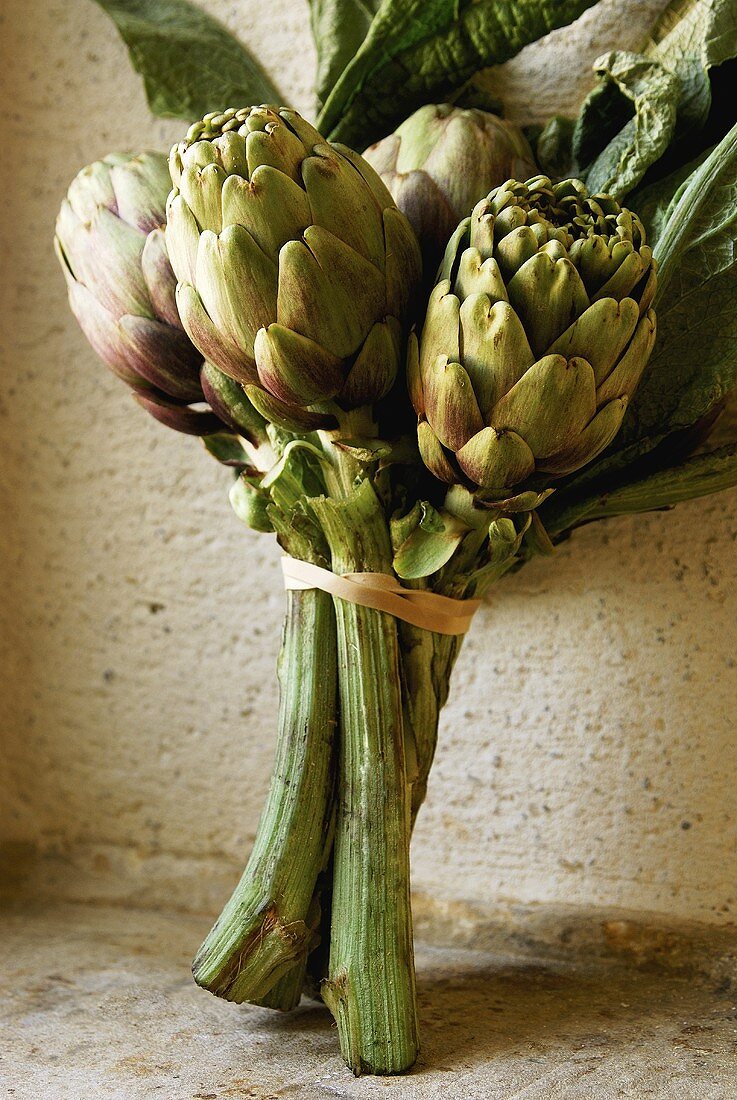 Artichokes, tied together