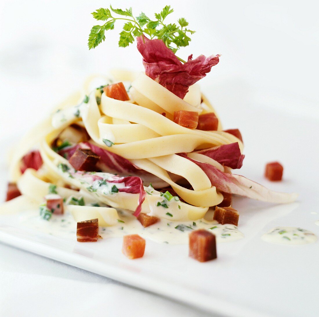 Ribbon pasta with radicchio and bacon sauce