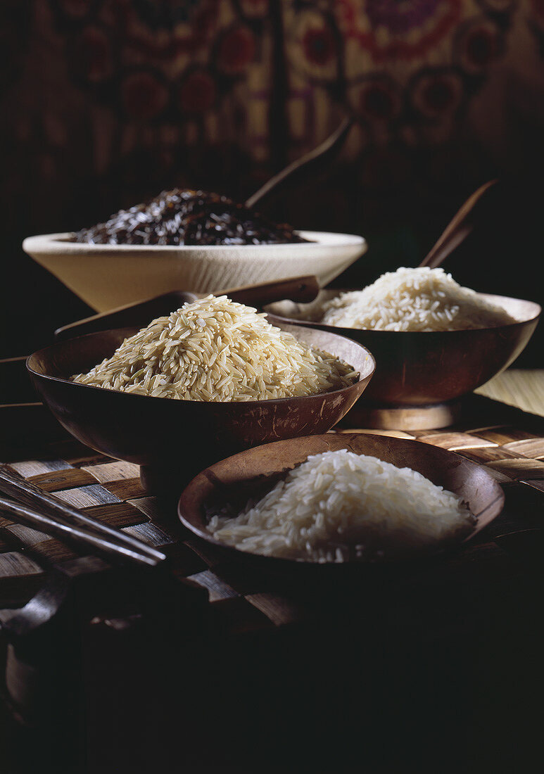 Still life with four different types of rice