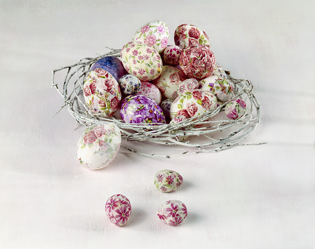 An assortment of flower-patterned Easter eggs