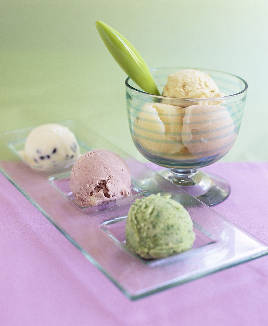 Ice cream dessert (scoops of different ice creams)