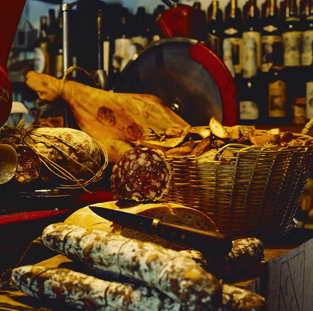 Inside an Italian Deli; Meats and Bread; Wine