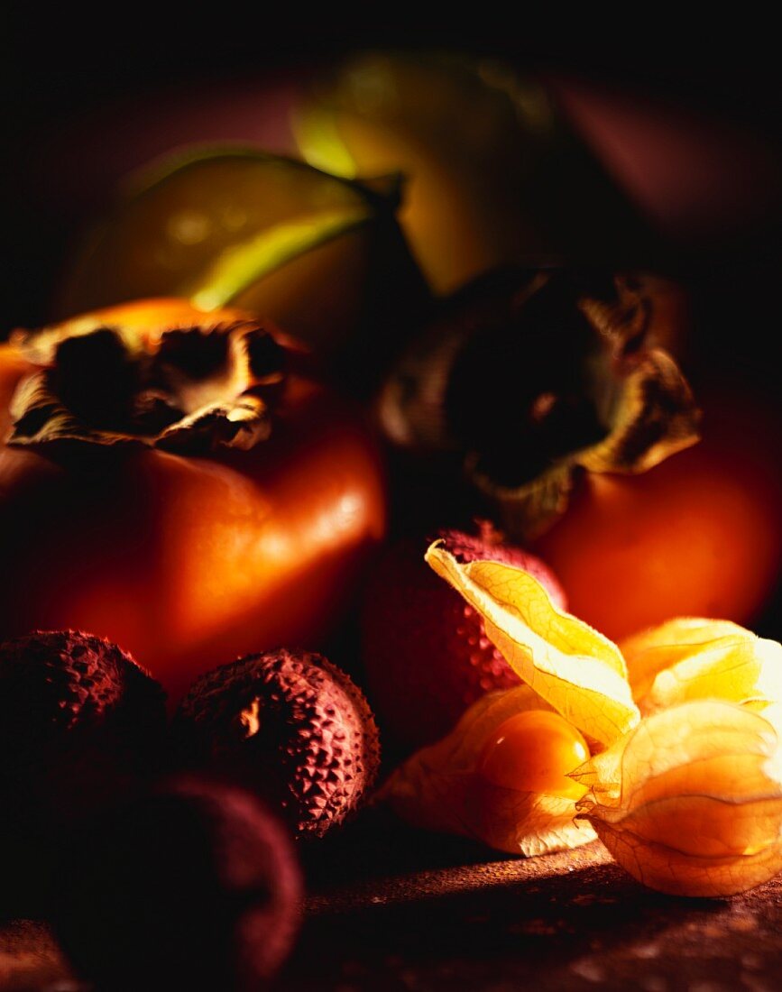 Fruit: lychees, carambola, physalis and Sharon fruit