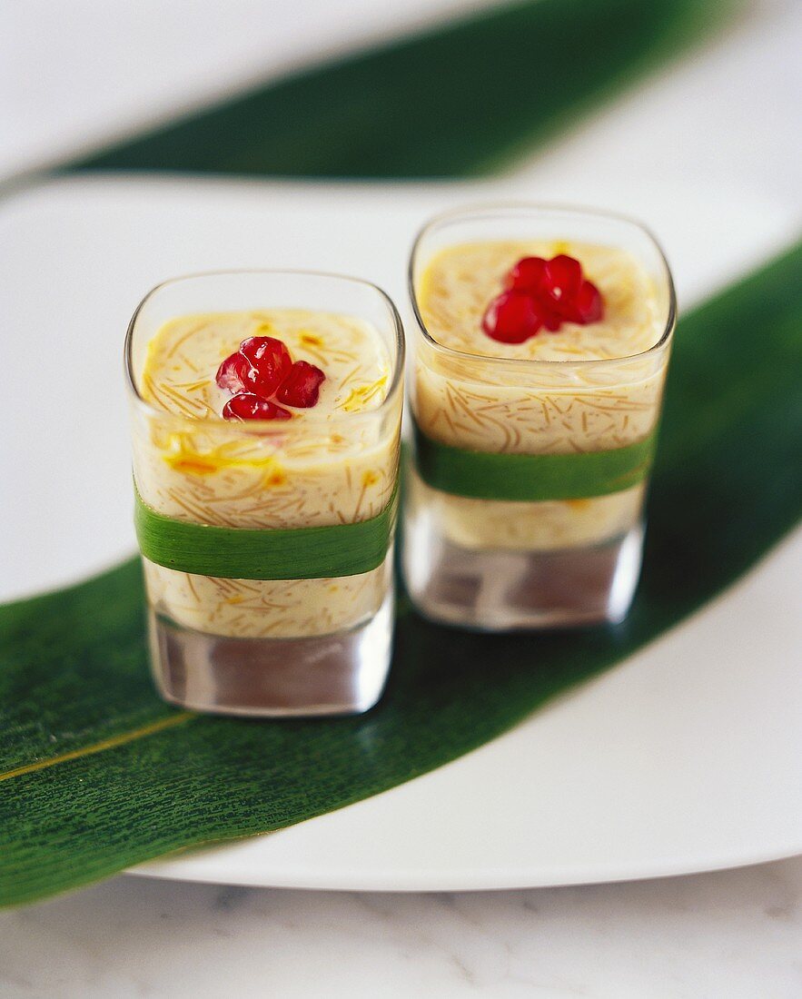 Two glasses of vermicelli dessert with vanilla & saffron