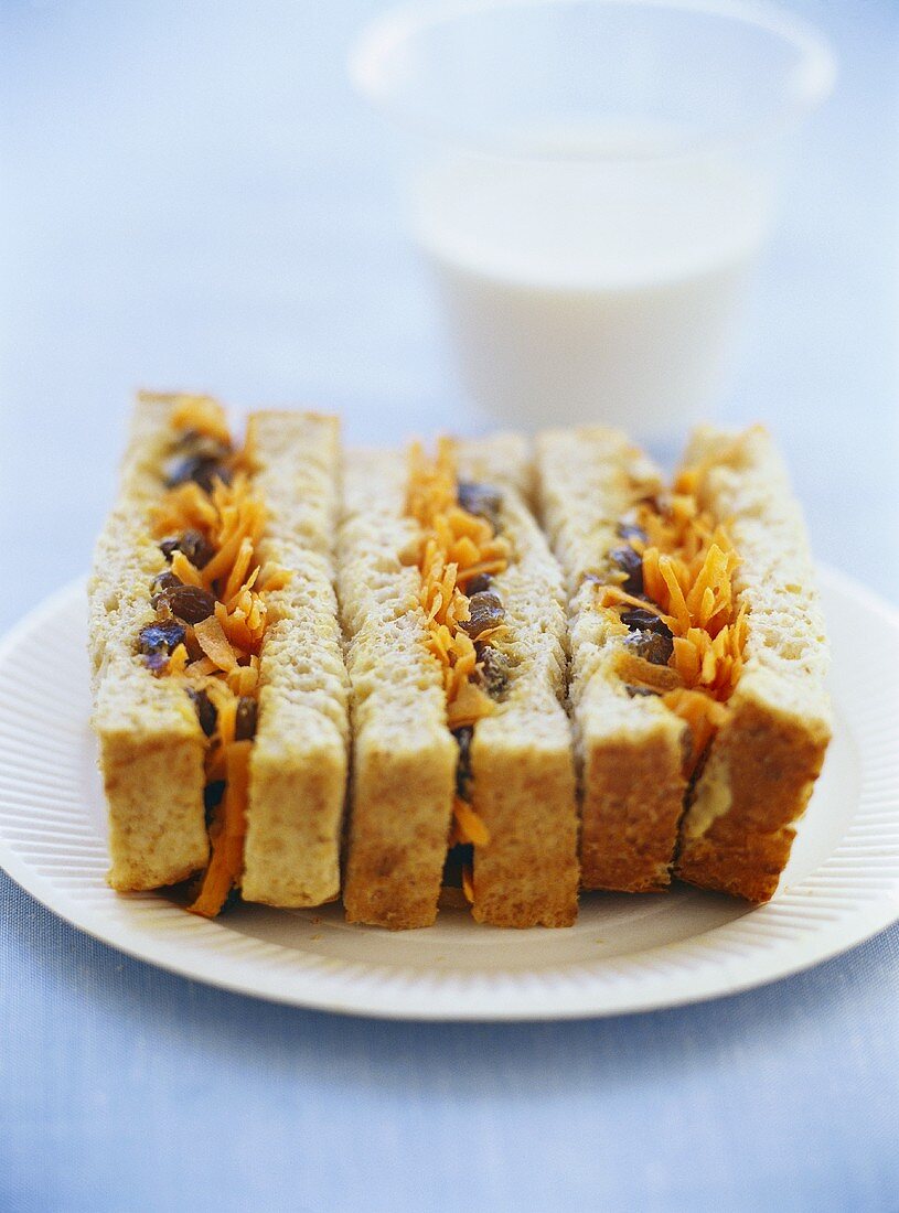 Peanut butter, raisin and carrot sandwiches