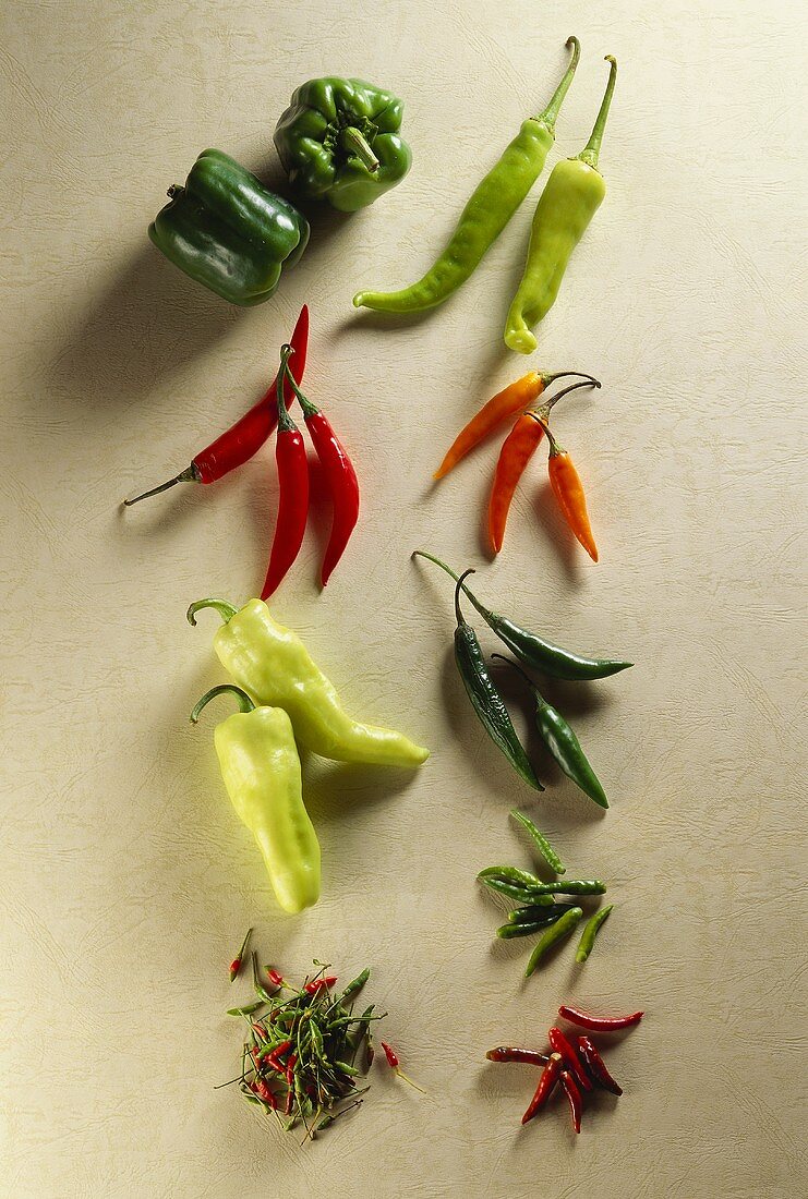 Several peppers and chili peppers