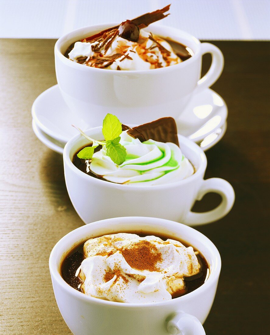 Coffee with Kirsch, with mint syrup and hot chocolate
