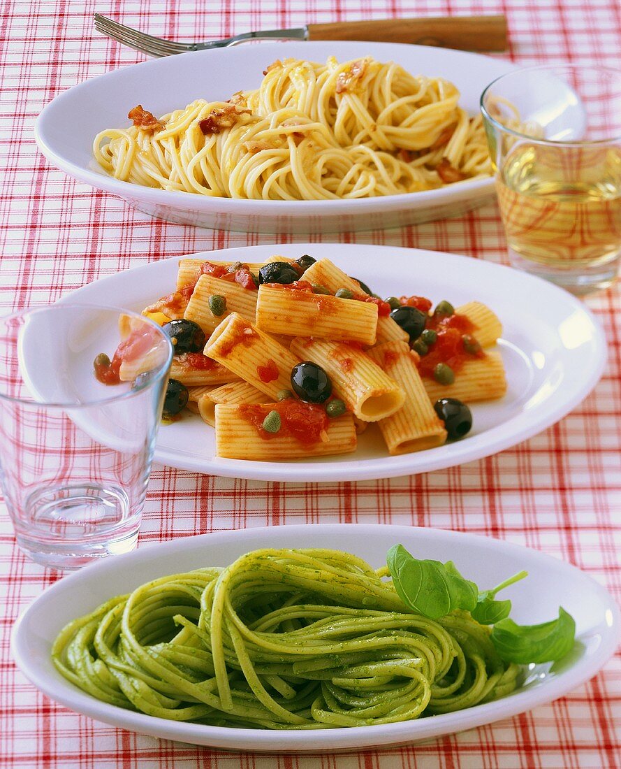 Bucatini, Rigatoni e Trenette (Three different pasta dishes)
