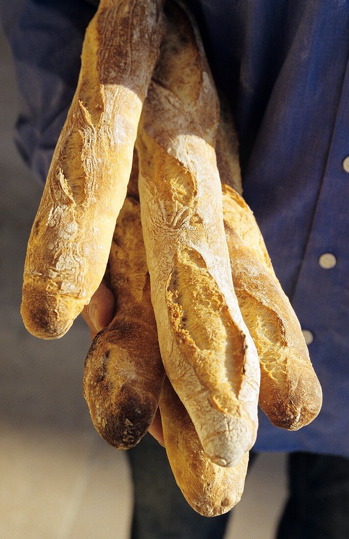 Mann hält Baguettes