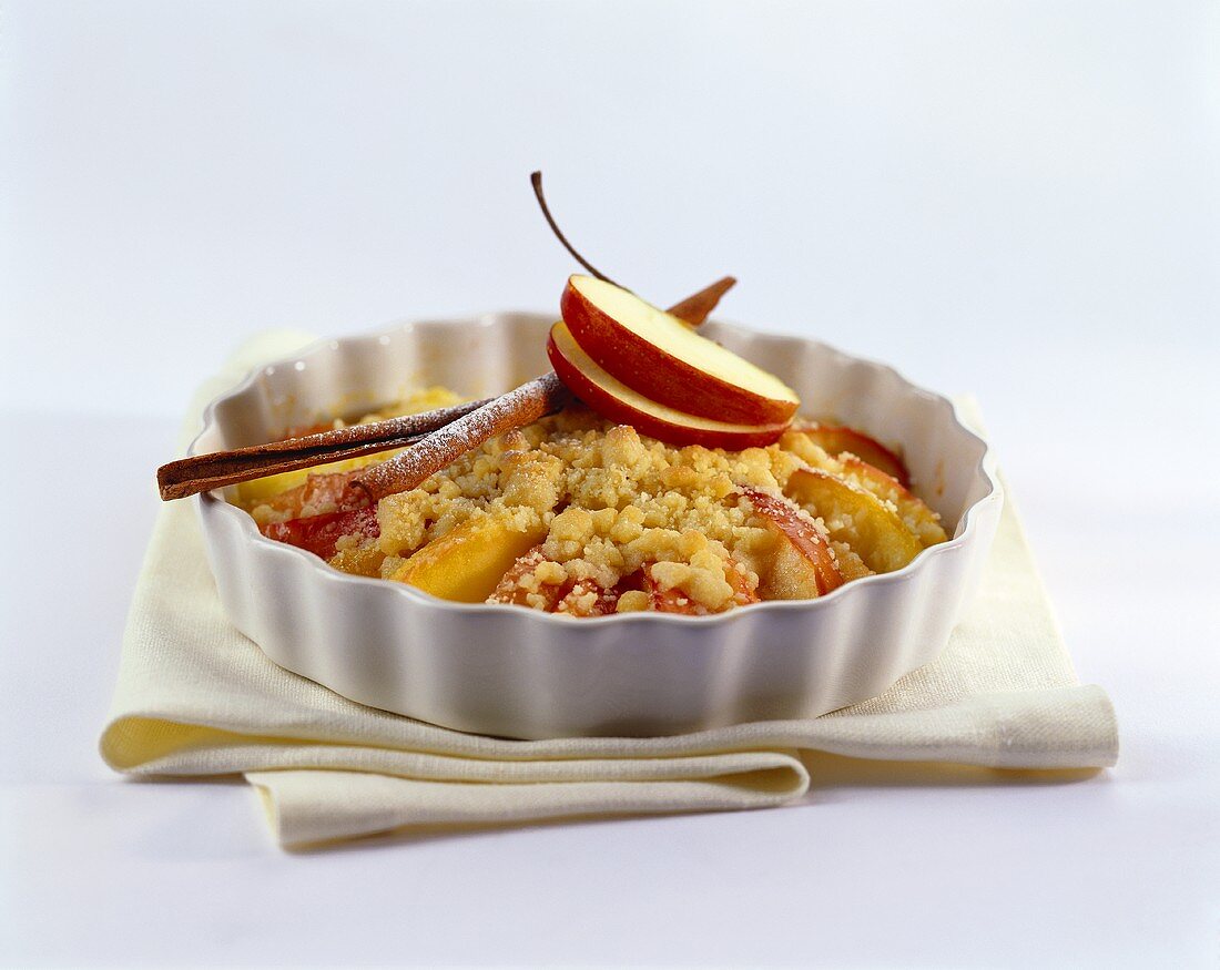 Apple crumble in a baking dish