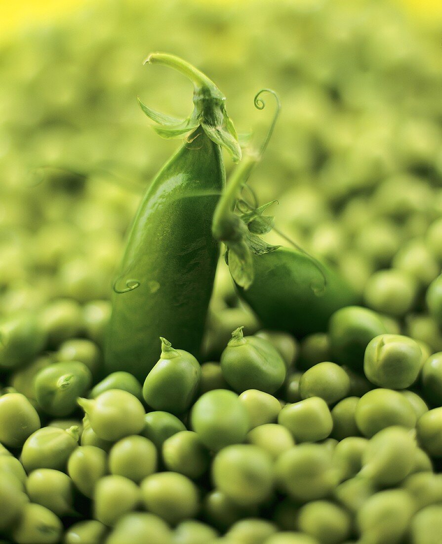 A pea pod among lots of peas (filling the picture)