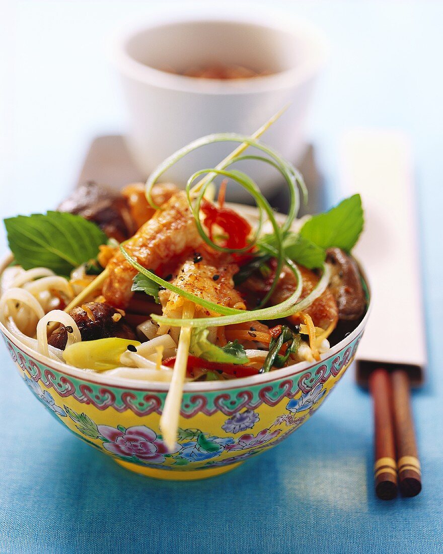 Asian noodle salad with crab kebabs