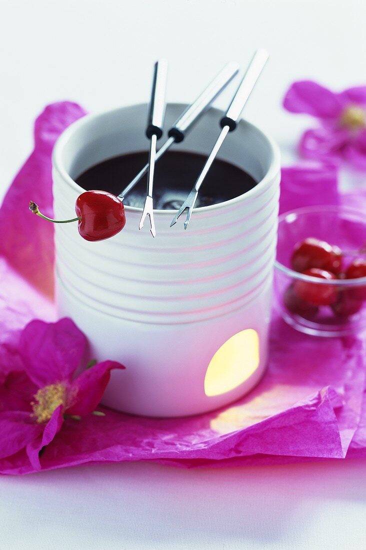 Chocolate fondue with cherries