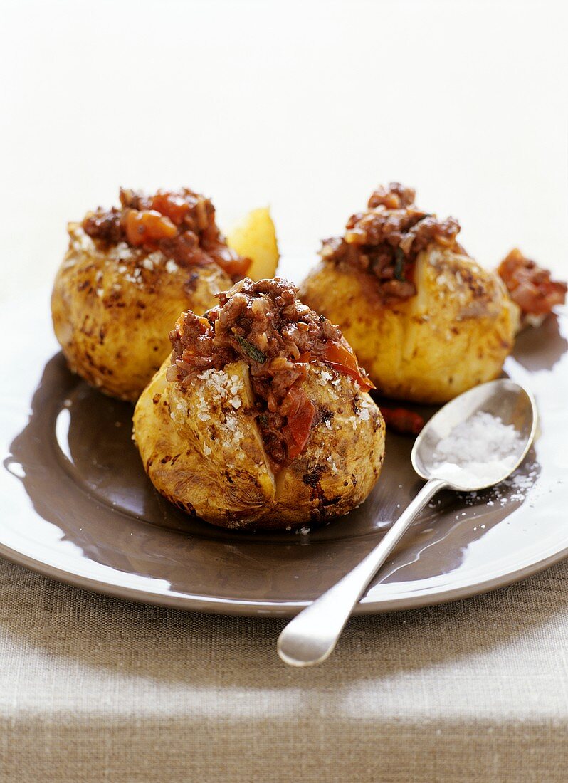 Potatoes filled with chili con carne