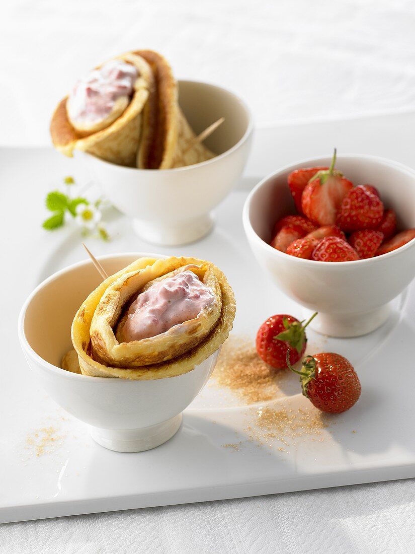 Crepes with strawberry quark and fresh strawberries