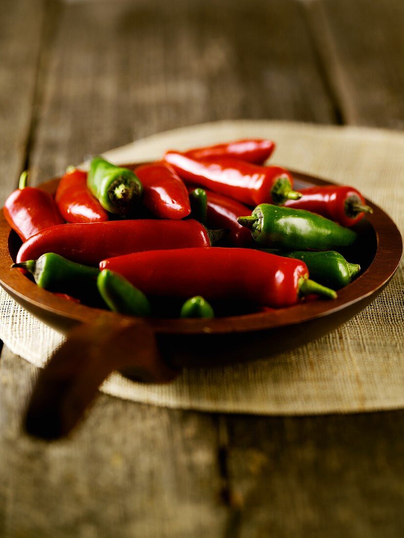Chili peppers in a wooden bowl