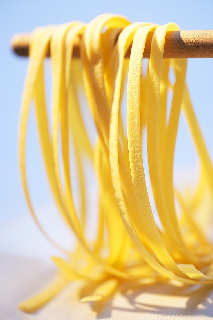 Home-made ribbon pasta hanging up