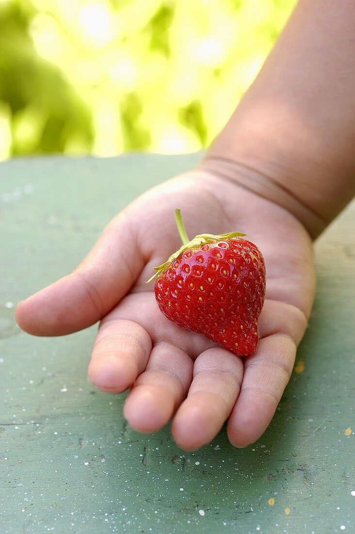 Eine Erdbeere in einer Kinderhand