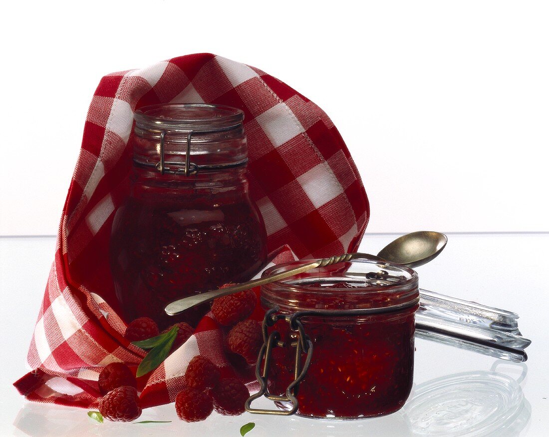 Two Jars of Raspberry Jam; Napkin and Spoon