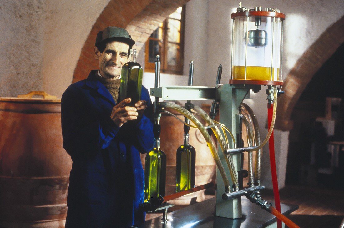 Oliven zu Öl verarbeiten : Arbeiter prüft das frische Öl