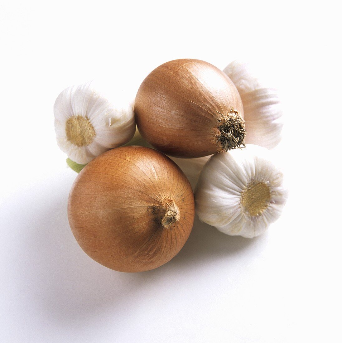 Two Yellow Onions and Three Garlic Bulbs