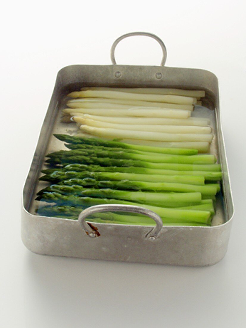 Green and White Asparagus in a Roasting Pan
