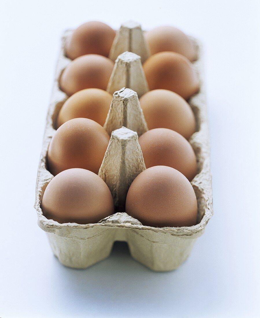 Ten brown eggs in egg box