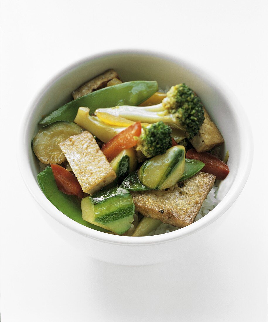 Tofu and Vegetable Stir Fry Over Rice
