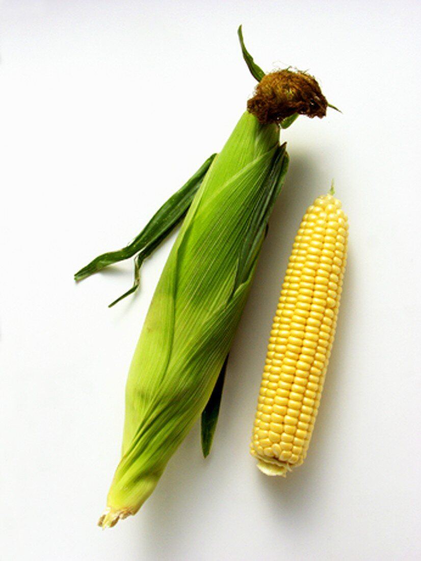 Maiskolben mit und ohne Blätter