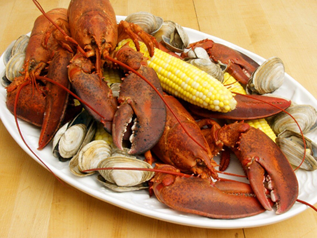 Boiled Lobster with Steamers and Corn on the Cob