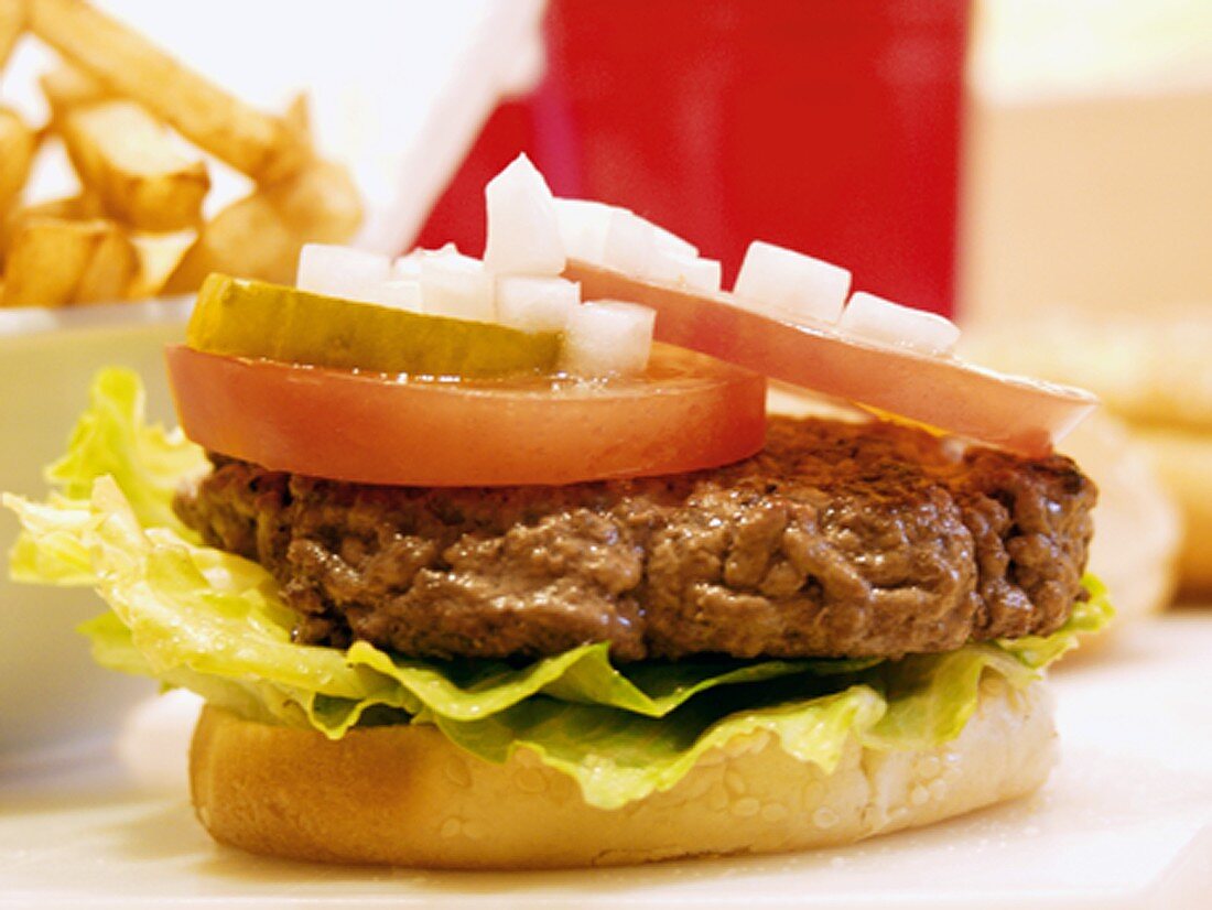 Hamburger mit Tomaten, Zwiebeln und Essiggurke