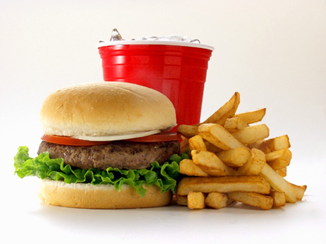 A Hamburger with Fries and a Soda