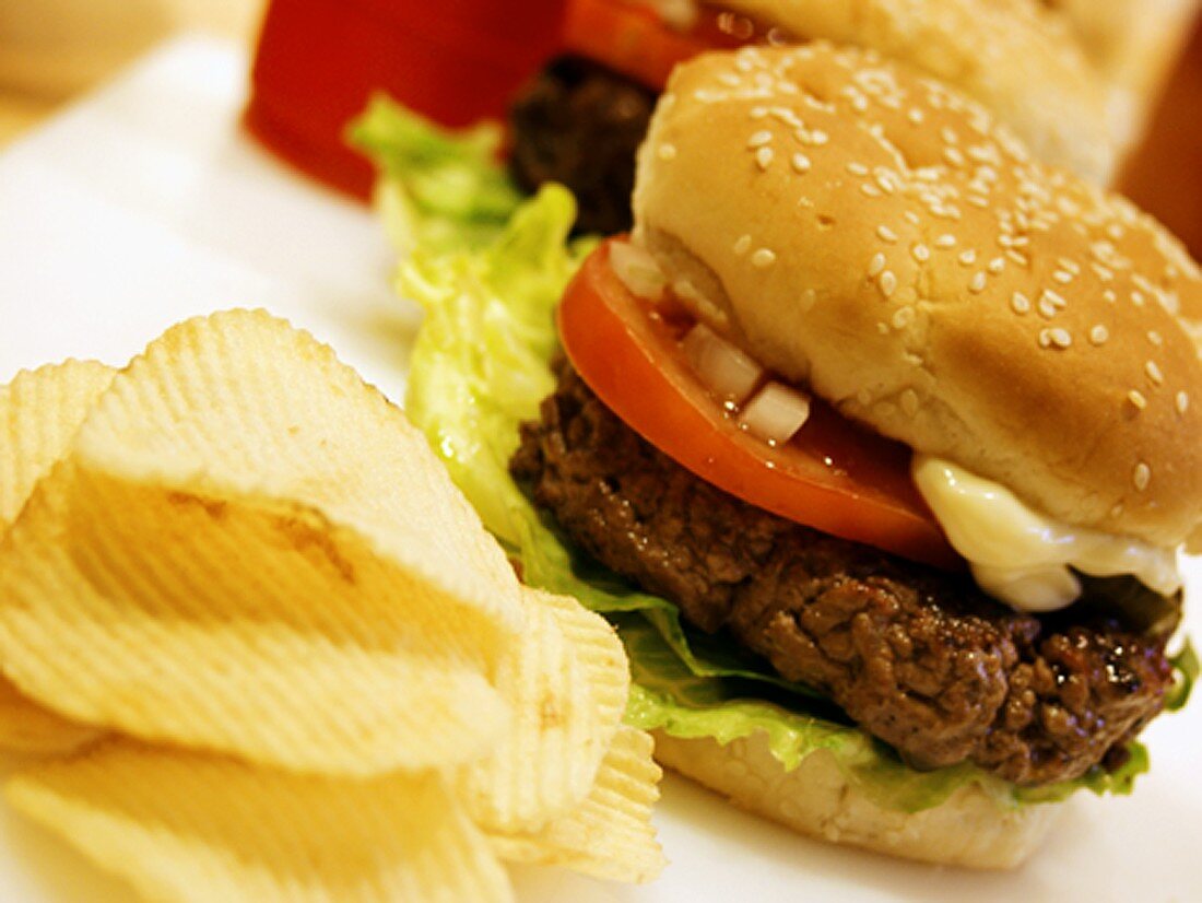 A Hamburger with Potato Chips