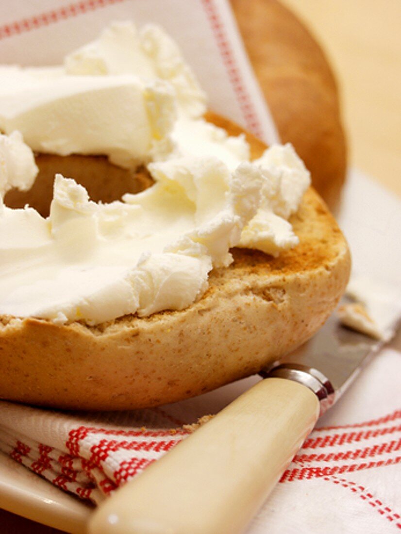 A Toasted Bagel with Cream Cheese