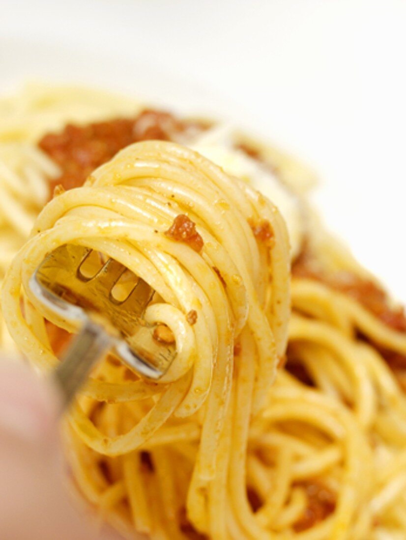 Spaghetti Bolognese auf Gabel