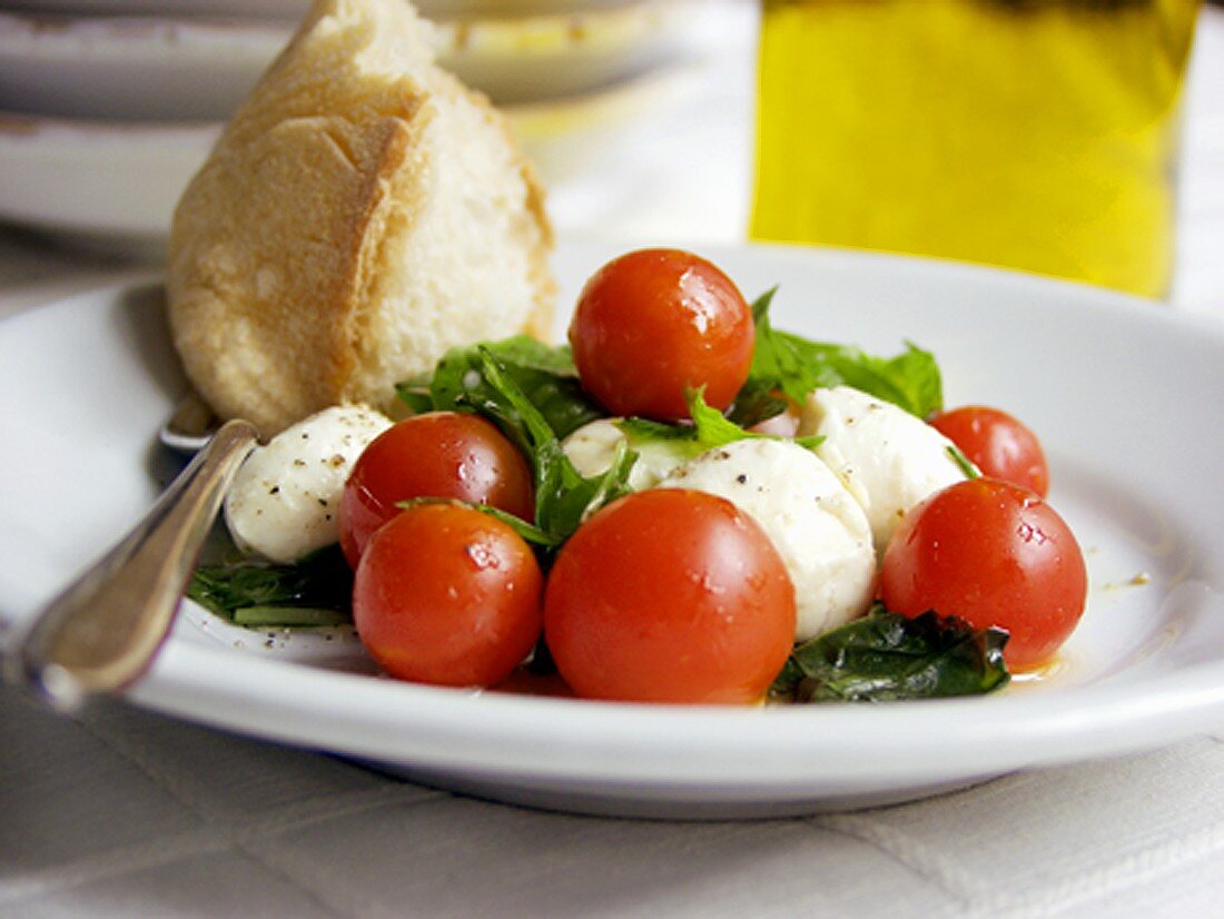 Mozzarella mit Tomaten, Basilikum und Weißbrot