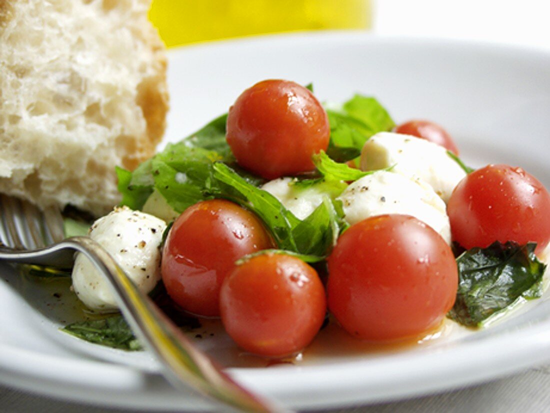 Mozzarella mit Tomaten, Basilikum und Weißbrot