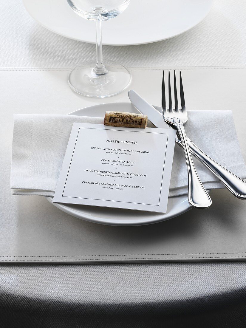 Place-setting with menu for an Australian dinner