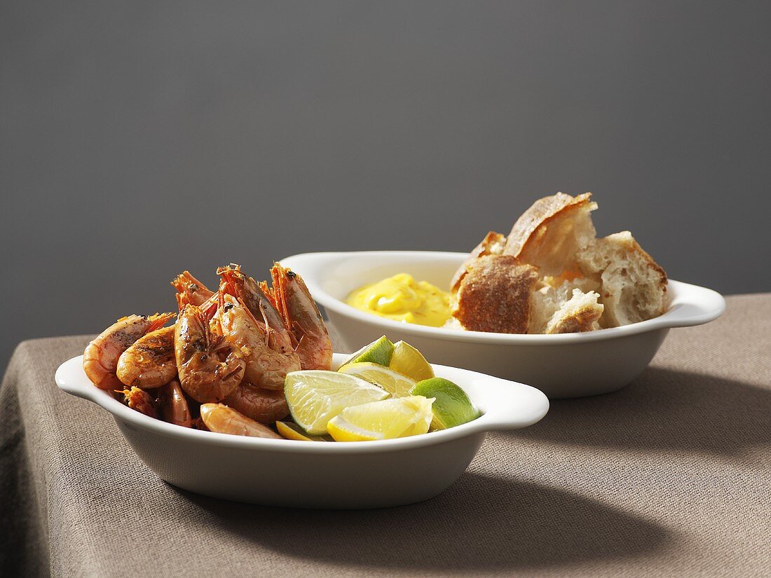 Prawns with lime & lemon wedges, saffron aioli & white bread