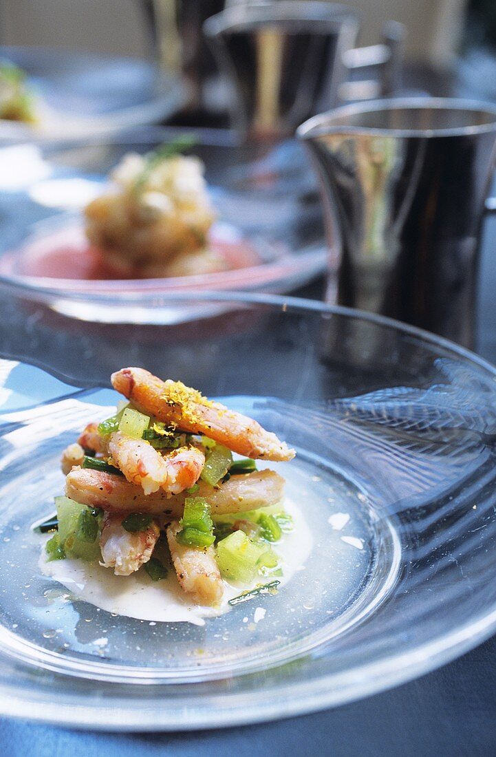 Tasmanian shrimps with pieces of melon and yoghurt